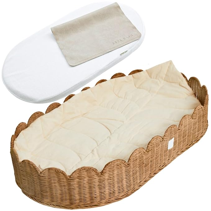 BEBE BASK Premium Baby Changing Basket - Artisan-Crafted Scalloped Rattan - Changing Basket for Baby Dresser - All Accessories Included - Complete Set for Nursery (Mocca)