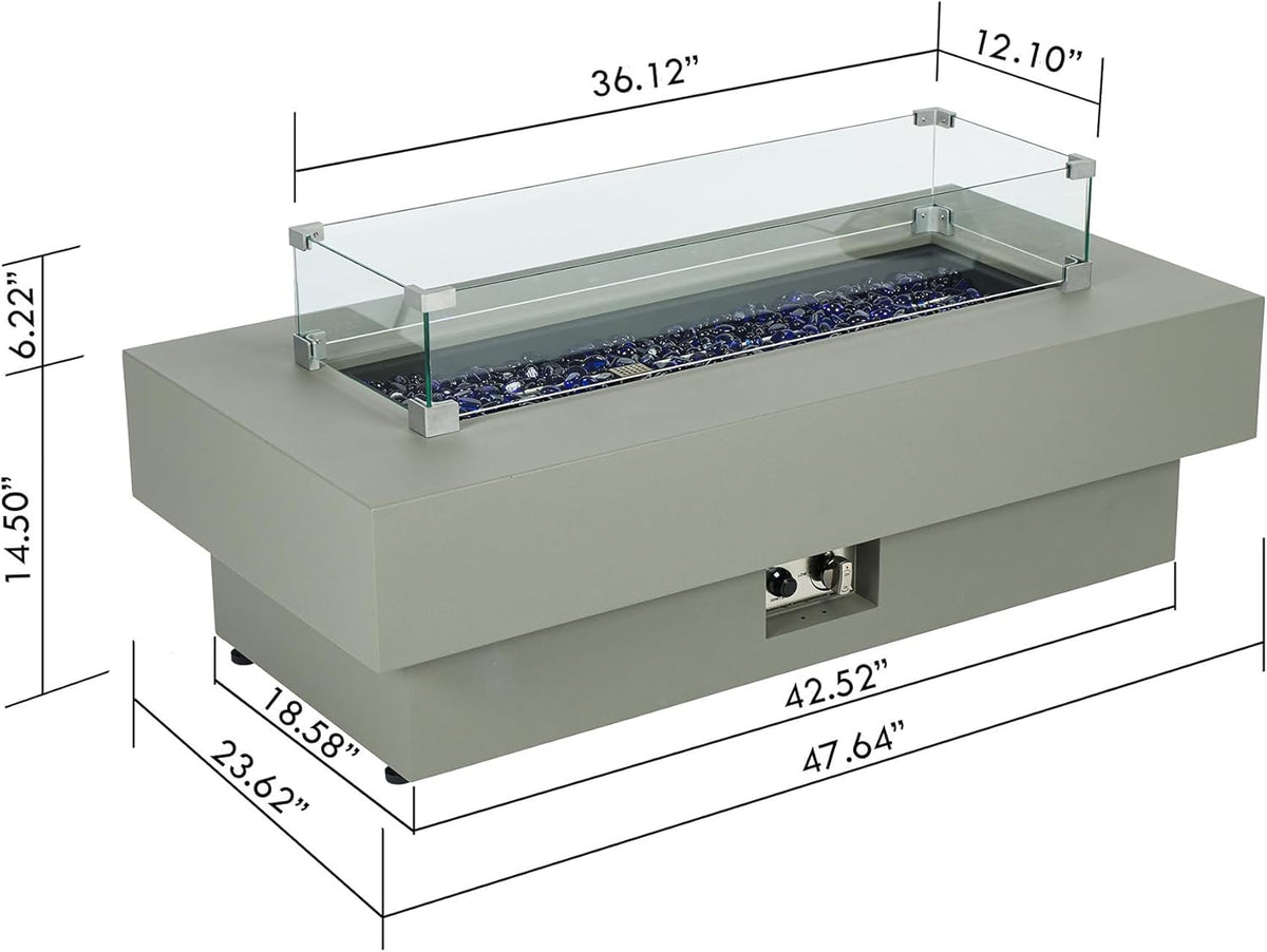 48-inch Fire Table with 20lb Propane Tank Cover & Wind Glass Shield, 50,000BTU Outdoor Modern Patio Fire Pit Table w/Rectangular Burner Lid, Glass Rocks, Pre-Attached 10ft External Gas Hose