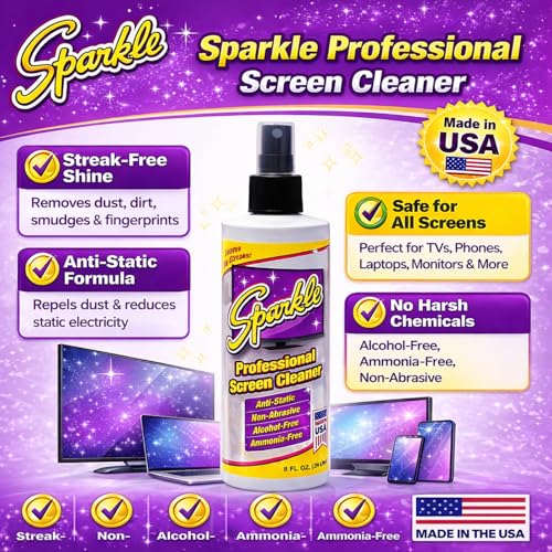 Sparkle Screen & Monitor Cleaner Spray, Ammonia & Alcohol-Free, Anti-Static, Streak-Free Formula for TVs, Laptops & Displays, 8 fl oz (Pack of 6) - size: 8 Fl Oz (Pack of 6)