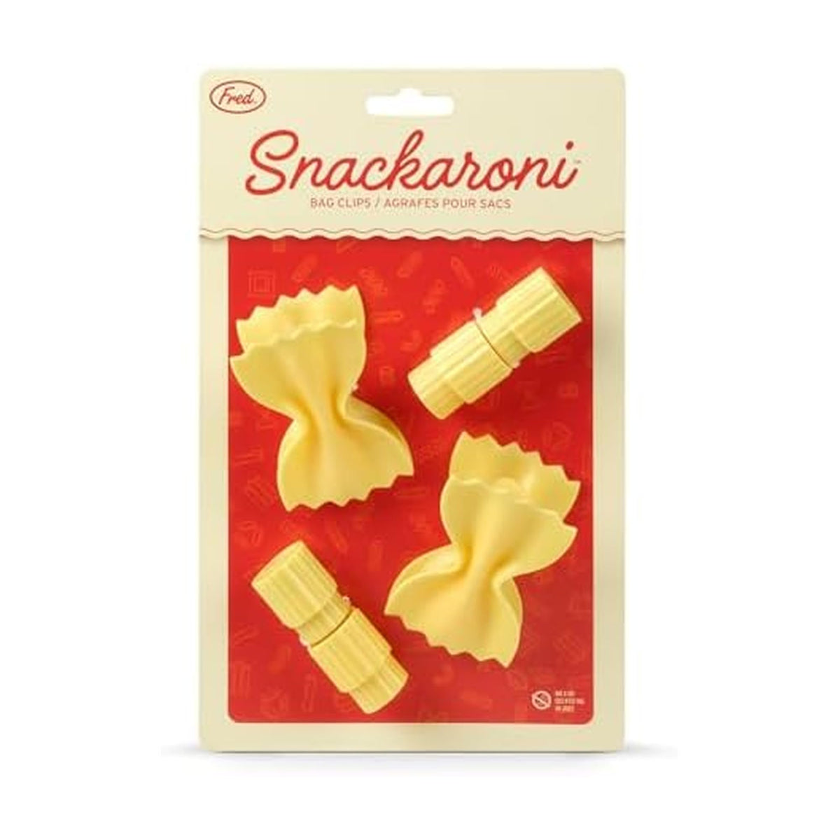 Genuine Fred SNACKARONI Pasta Bag Clips, Set of 4, Two Styles Farfalle and Rigatoni, Squeeze and Lock Bread Bag Clip, Spring-Loaded Clips, Fun Food Storage and Kitchen Accessories