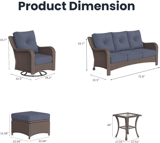 7 Pieces Outdoor Patio Furniture Sets with Rocking Swivel Chairs with 6-inch Thick Cushion and Side Table for Deck Lawn