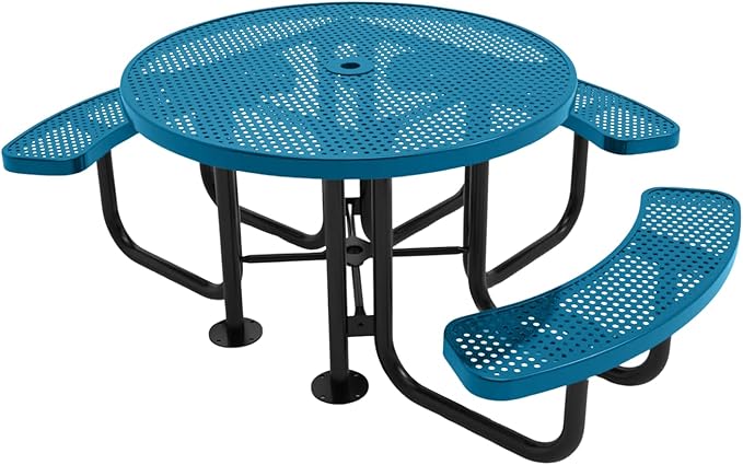 Heavy-Duty Portable Outdoor Picnic Table with Umbrella Hole, Punched Steel Patio Dining Furniture Made in America (46" Round Top, Light Blue)