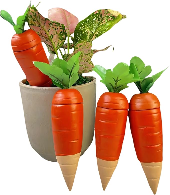 4-Pack Plant Watering Spikes with Lids，Self Watering Spikes, Plant Water Seepage Device, Cute Carrot Shape，Clay Plant Garden Waterers for Vacations