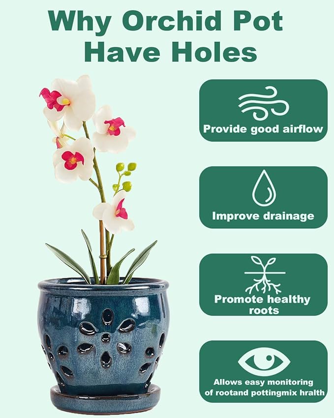 vensovo 5 Inch Ceramic Orchid Pots with Holes and Saucers - 1 Pcs Small Succulent Pot for Repotting, Garden Flowerpots for Plants Indoor and Outdoor Promotes Air Circulation, Blue