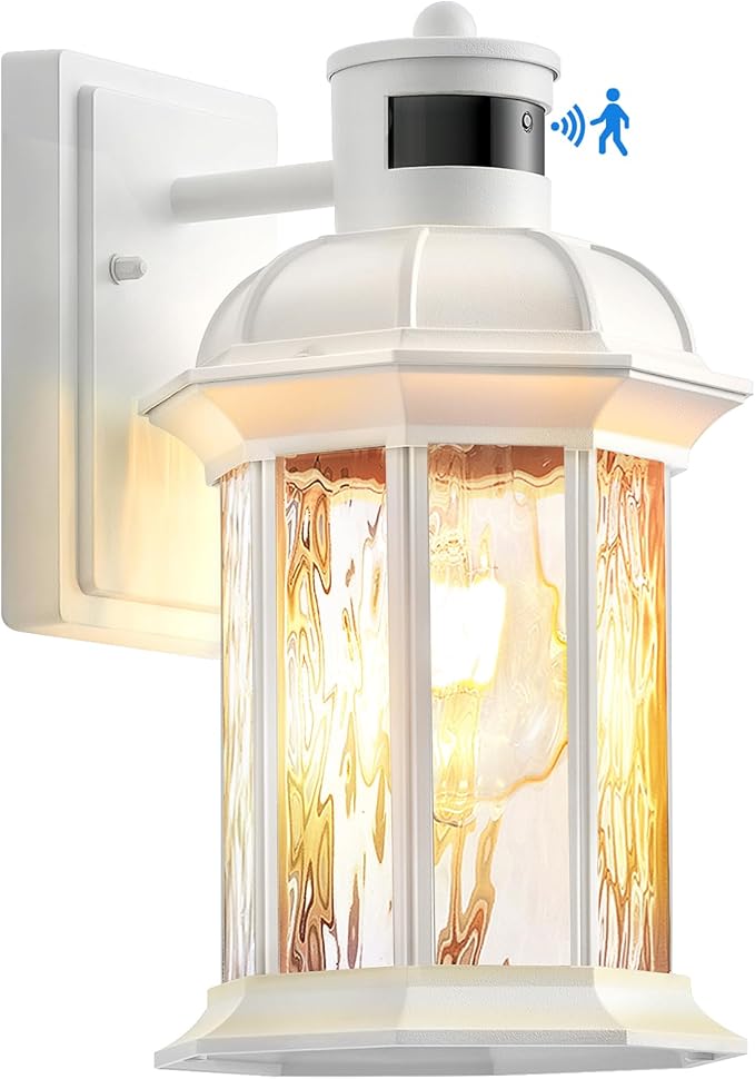VIANIS White Motion Sensor Exterior Wall Light Lantern, Modern Dusk to Dawn Outdoor Porch Light Fixtures Wall Mount, Waterproof Outdoor Wall Sconce for Garage Entrance with Tempered Water-Ripple Glass