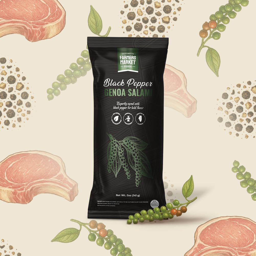 Farmers Market Foods Black Pepper Genoa Salami - Wisconsin Made Clean Label Salami, No Added Nitrates or Nitrites, Gluten Free, High Protein, Low