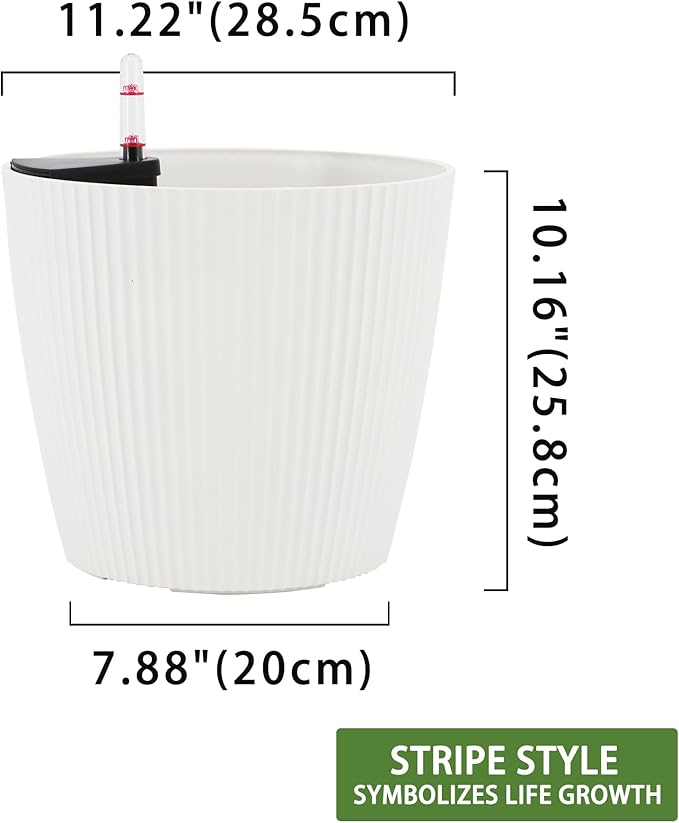 Dexceder 11x10 Self Watering Planters Indoor, Inner Mat Design, Table Flower Plant Pot with Water Level Indicator (2 Pack, White)