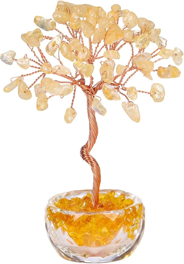 Jovivi Small Citrine Crystal Tree, Natural Crystal Healing Stones Tree Glass Bowl Base Gemstone Money Trees Feng Shui Good Luck Home Desk Decor