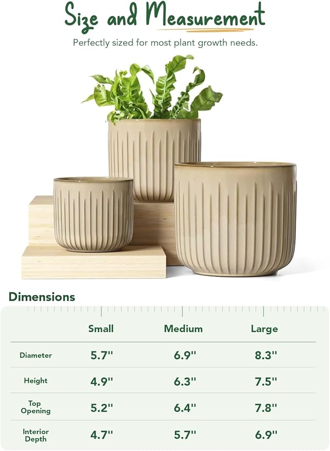 LE TAUCI Fluted Ceramic Planters Set of 3 – 8.3/7 / 5.7 in Cloud Cream Reactive Cylinder Indoor Plant Pots with Drainage Plug & Mesh, Glossy Stoneware Flower Pots for Succulents Herbs