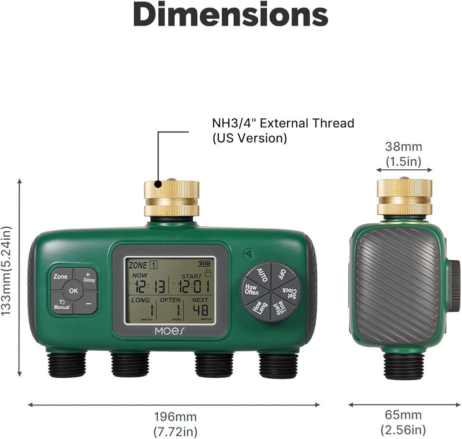 MOES 4 Outlet Sprinkler Timer, Brass Inlet, Programmable Automatic Irrigation Controller, Rain Delay, Manual Watering, 4 Zone Water Hose Timer for Gardens, Lawns, and Hose Systems