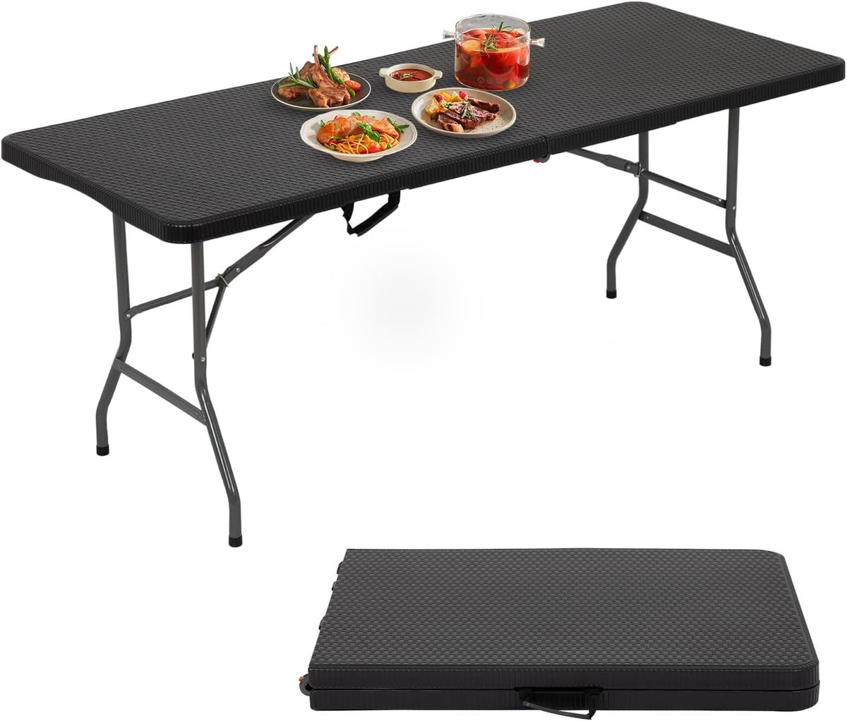 6FT Folding Table, Heavy Duty Plastic Table Portable Fold-in-Half Utility Table Indoor Outdoor Picnic Table w/Handle & Lock for Camping BBQ Party Wedding Market Events, Black Ratten