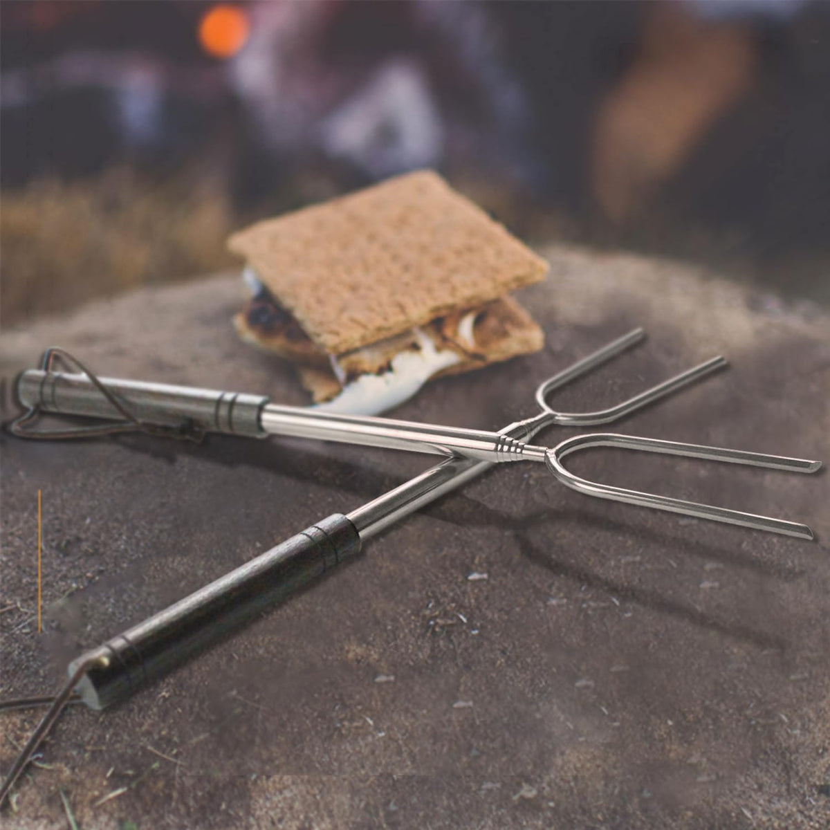 Marshmallow Roasting Sticks for Fire Pit with Wooden Handle, 41 Inches Long, Telescoping SUS304 Stainless Steel Marshmallow Skewers, Extendable Hog Dog Campfire Roasting Sticks, Camping Accessories