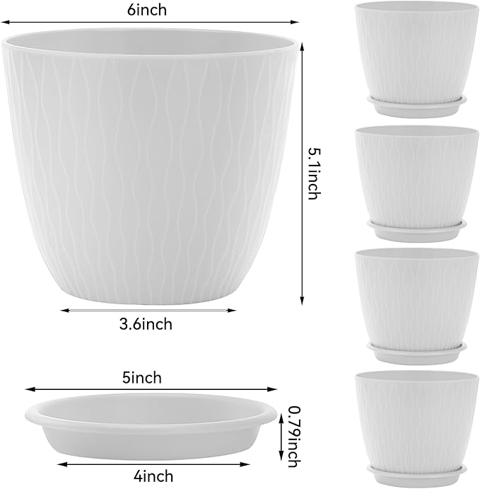 Plant Pots – 6 Inch Planters with Drainage Holes and Saucers, Flower Pots for Indoor and Outdoor Plants, Nursery Planting Pots (Pack of 5, White)