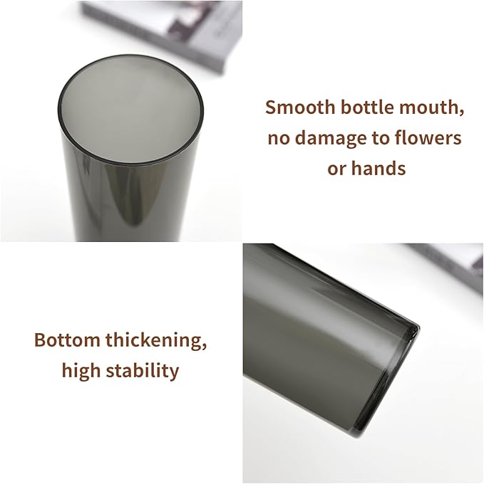 Flower Vase, Non-breakable Vases, 4" W x 8" H, Acrylic Grey Vase, Aesthetic Room Decor Cylindrical Modern Flower Vases for Table Centerpiece, Home Decor, Women Floral Arrangement Gift