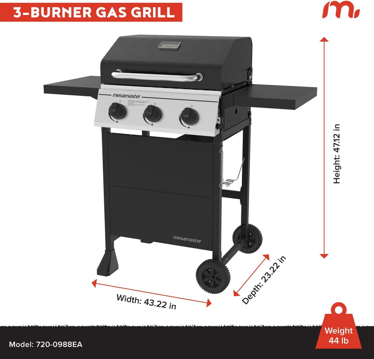 3-Burner Propane Gas Grill with Folding Side Tables, 30,000BTUs, 429.81 sq. in. Cooking Space, Stainless Steel Control Panel, Outdoor Kitchen Grill for BBQs, Patios, and More - 720-0988EA