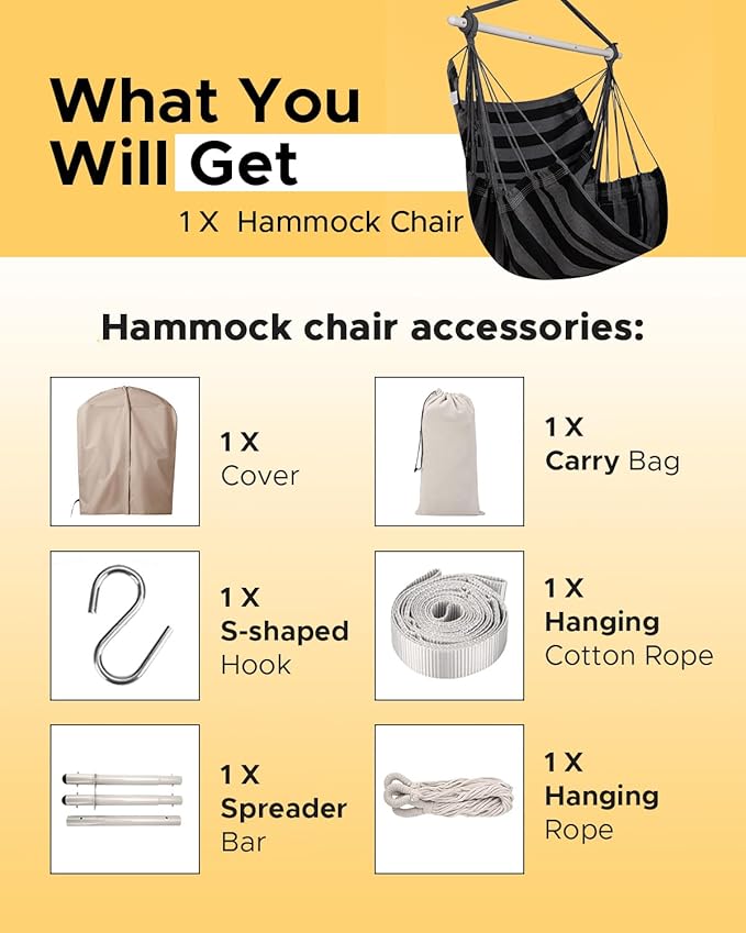 ADVOKAIR Hammock Chair Swing & Cover Set (500 lbs Max) – Hanging Rope Swing for Bedroom, Outdoor, Patio, Porch with Sturdy Steel Bar & Anti-Slip Rings + All-Weather Rain Cover for Storage Protection