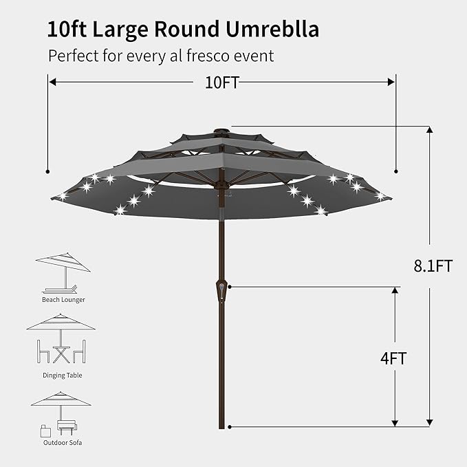 Kingdura 10ft 3-Tier Patio Umbrella with Solar Lights, Table Umbrella Outdoor Patio with Easy Crank & Tilt, 8 Sturdy Ribs, UV Protection, 32 LED Lights for Deck, Poolside, Market (Grey)