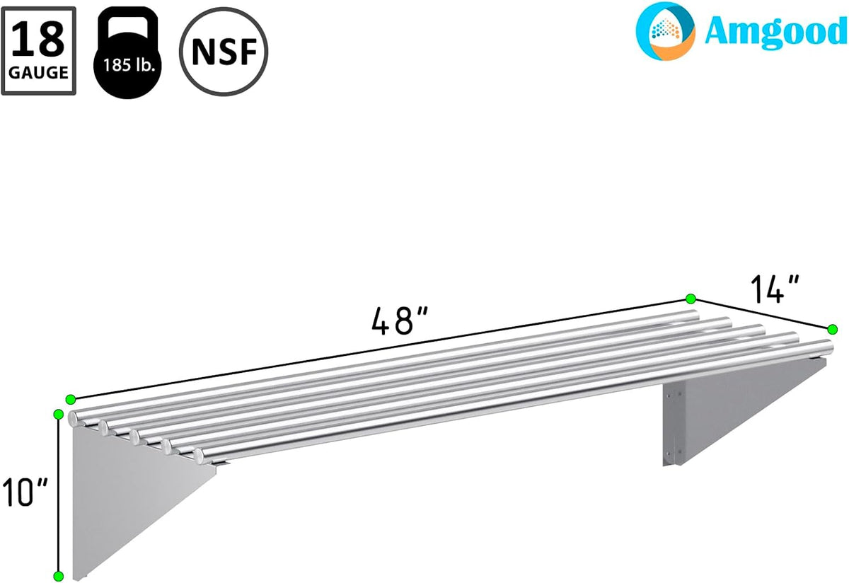 AmGood 14 in. x 48 in. NSF Stainless Steel Tubular Wall Shelf | Heavy-Duty Metal Shelving for Appliances & Equipment | Ideal for Kitchen, Restaurant, Garage, Laundry, Utility Room