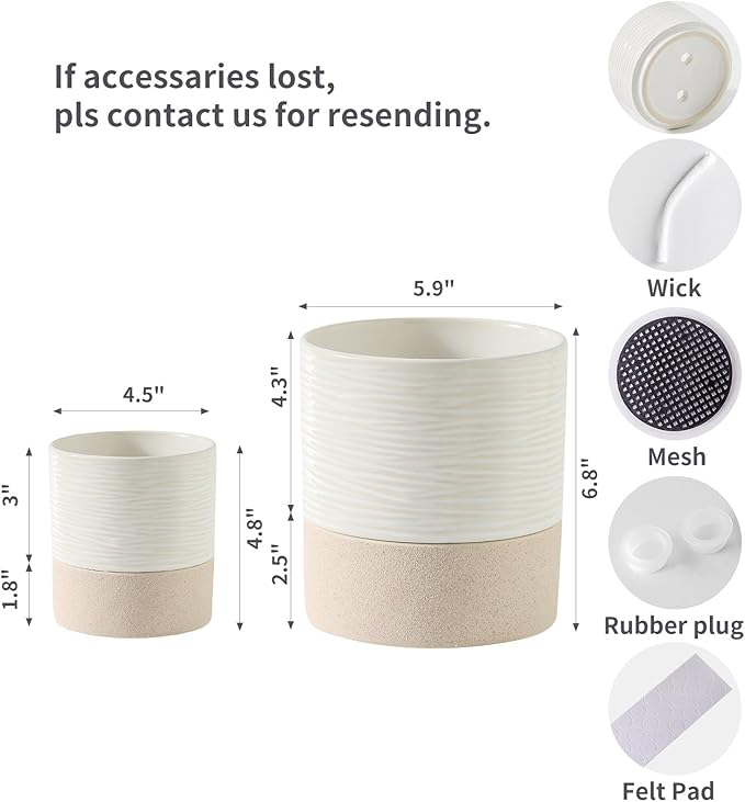 Nihow Self Watering Plant Pot for Indoor Plants: 4.5+6 Inch Ceramic Planter with Drainage Hole & Water Storage Plus - Cylinder Flower Pot with Wick for Herbs -White & Brown