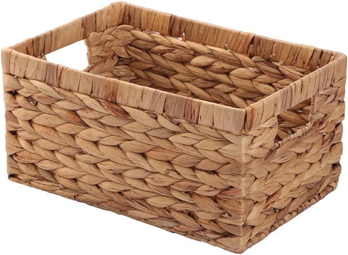 Basket Box Woven Natural Water hyacinth Rectangular with Handle,Kingwillow.(Small)