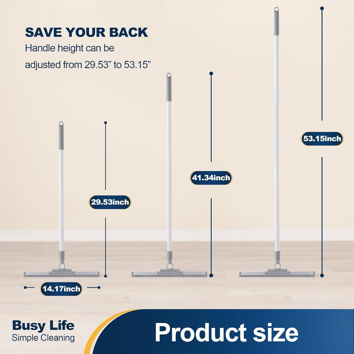 Yocada Rubber Floor Squeegee Broom TPR Blade Adjustable Scrubber Squeegee Household Broom for Shower Bathroom Kitchen Home Tile Pet Hair Fur Floor Marble Glass Window Water Foam Cleaning 53.15"