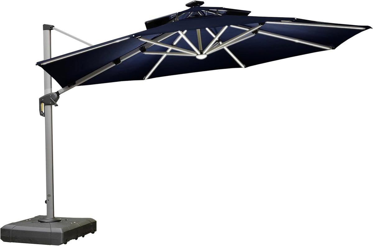 PURPLE LEAF 12ft Solar powered LED Patio Umbrella Outdoor Round Umbrella Large Cantilever Umbrellas with LED lights Windproof Offset Umbrellas Sun Umbrella for Garden Deck Pool Patio, Navy Blue