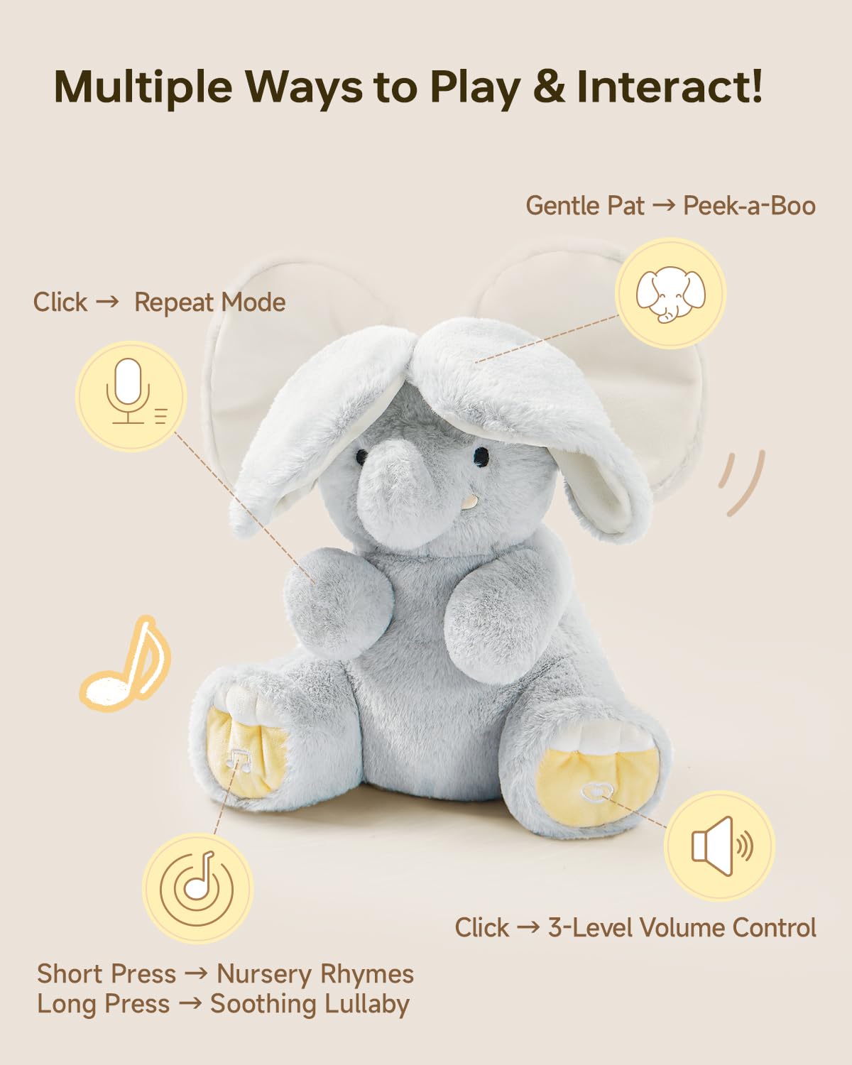Peek A Boo Elephant Toy, Interactive Singing Plush Elephant, Moving Ears