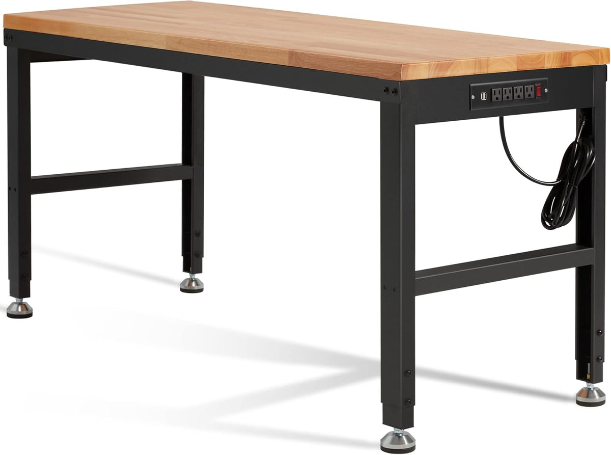 Haddockway Adjustable Workbench for Garage, 60" x 22" Rubber Wood Top Worktable with Power Outlets, Max 2000 Lbs Load Capacity Heavy Duty Workstation for Workshop Office Home (Black Frame, 60in)