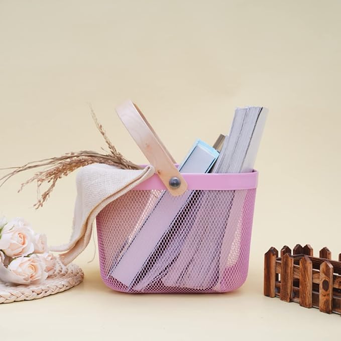 Portable Mesh Harvest Basket - Natural Bamboo Handle Foldable Organizer for Kitchen, Garden & Picnic | Ventilated Storage Bin with Rust-Proof Wire, Space-Saving Farmhouse Decor (Pink)