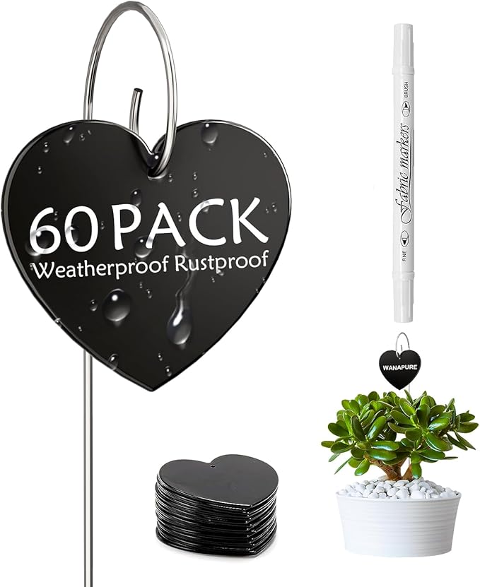 60-Pack Iron Metal Heart Shaped Garden Markers Weatherproof Metal Plant Labels Large Planting Seedling Stake Signs, for Seedlings Herbs Vegetable Greenhouse Gifts with White Marker Pen Labels