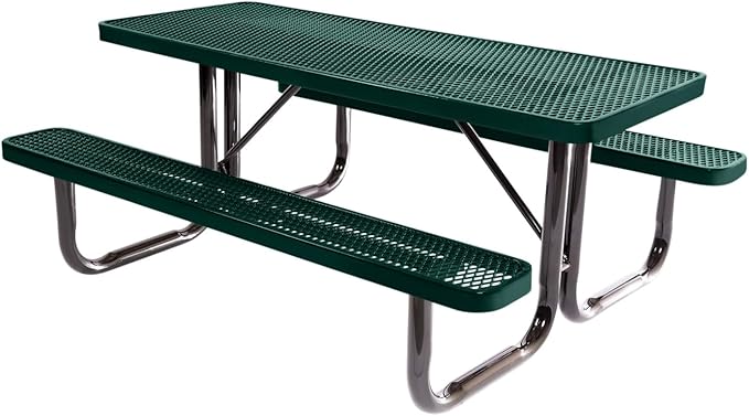 Coated Outdoor Furniture Heavy-Duty Portable Outdoor Picnic Table, Thermoplastic Coated Expanded Metal Commercial-Grade Patio Dining Furniture Made in America (6ft Rectangular, Textured Dark Green)