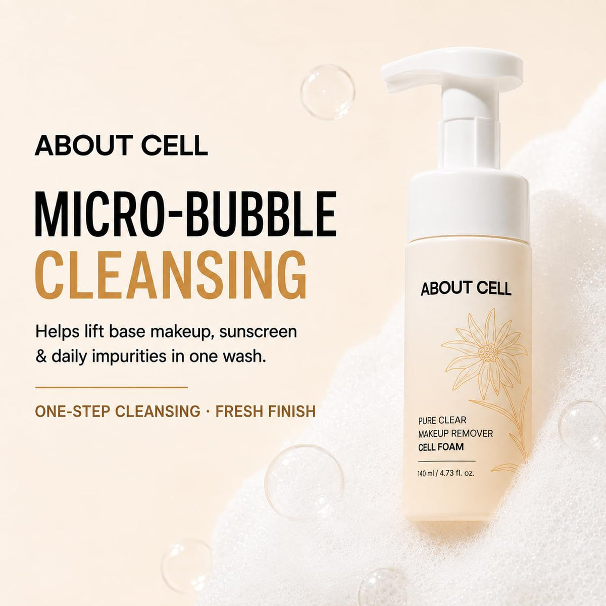 ABOUT CELL Pure Clear Foaming Makeup Remover, 2-in-1 Face Wash for Base Makeup & Sunscreen, Micro-Bubble Korean Facial Cleanser for Sensitive Skin, 140 mL (4.73 fl oz)