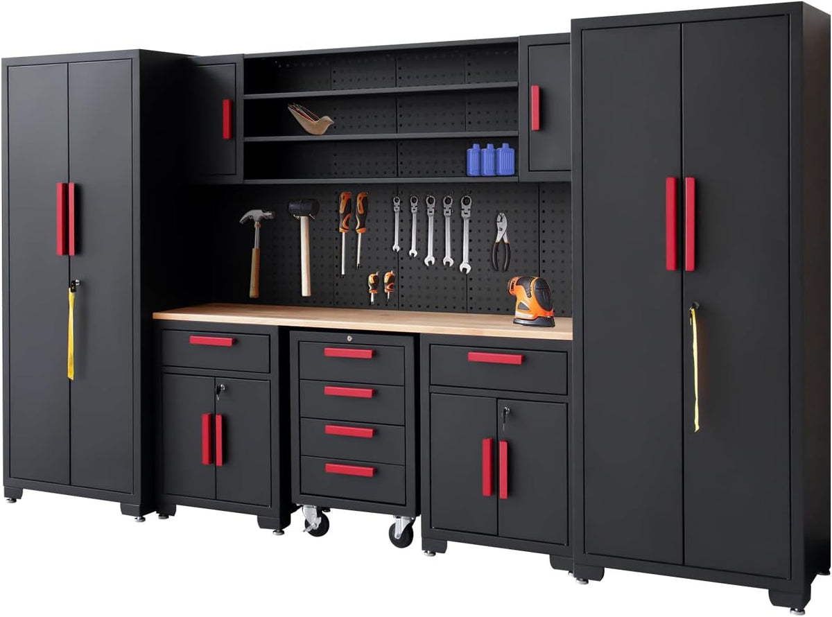 Garage Cabinet Storage System - 9-Piece Workshop Set w/Steel Cabinets & Workbench Includes Rolling Chest & Pegboard | Heavy-Duty Black & Red Tool Organization for Garage/Workshop