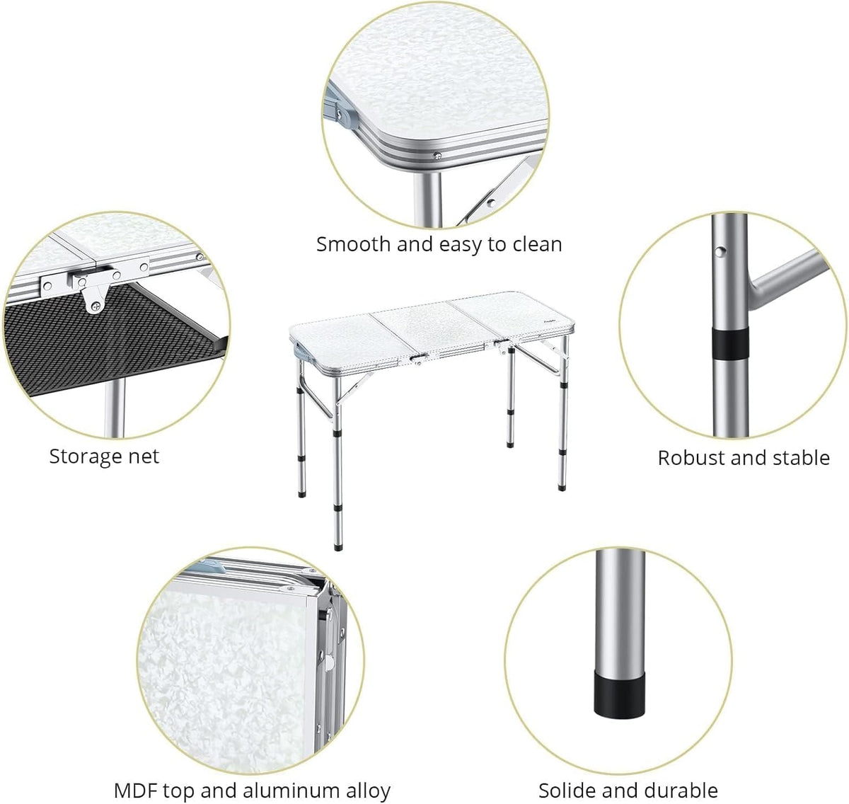 Folding Camping Table with Storage Net, 3ft Camping Table Aluminum Folding Table with 3 Adjustable Height Max 27.1 Inch, Portable, for Outdoor Backyard BBQ, Silver