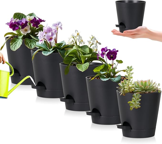 5 Pack 5 inch Self-Watering Pots, African Violets Planter with Drainage Holes and Reservoir, Black Plastic Planter for Indoor Outdoor Plants Flowers and Houseplants Black, 5 inch 5 pcs
