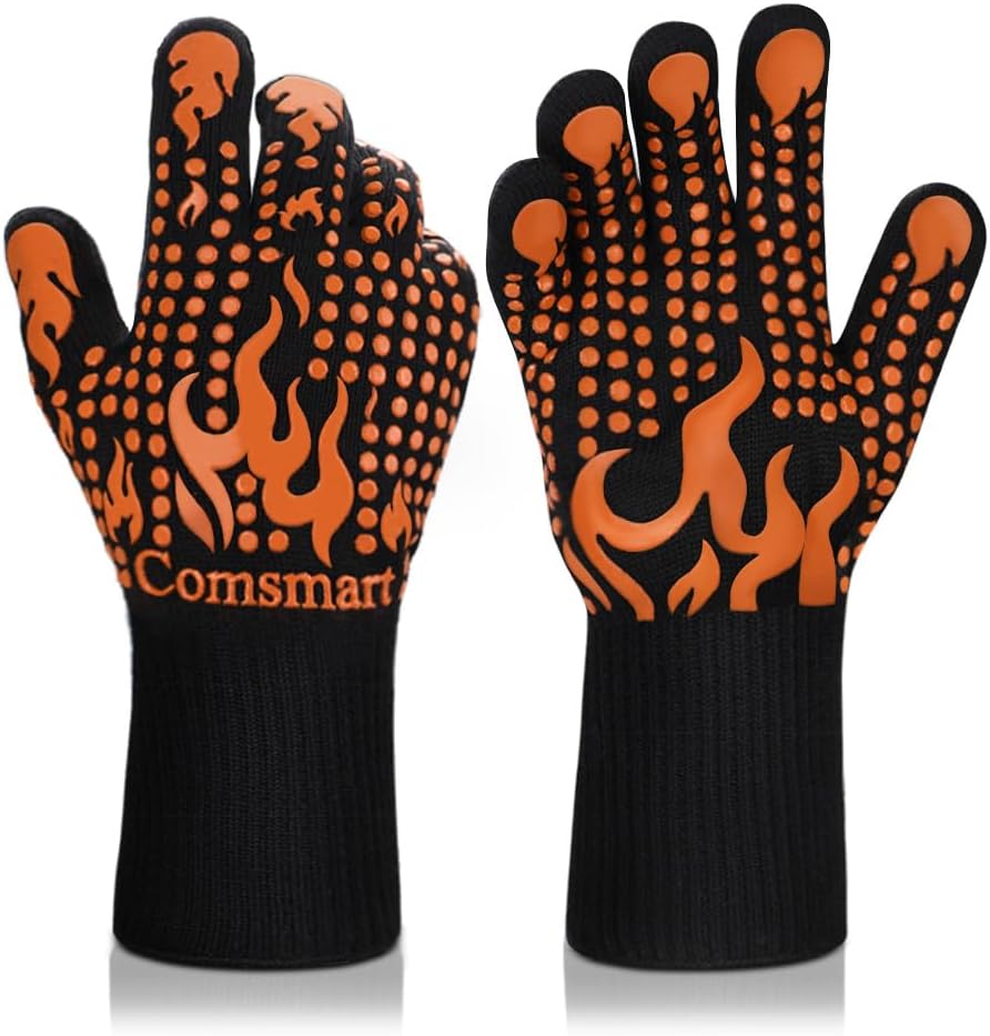 Comsmart BBQ Gloves, 1472°F Heat Resistant Grilling Gloves Silicone Non-Slip Oven Gloves Long Kitchen Gloves for Barbecue, Cooking, Baking, Short, Orange