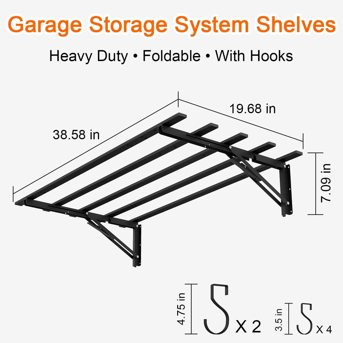 2-Pack Garage Storage System Shelves 3.21x1.64 ft - Industrial Hanging Shelf Wall Mount Kit with Hooks, Folding Garage Wall Shelves, Durable Metal Floating Shelf, Black Shelves Wall Mounted Setup