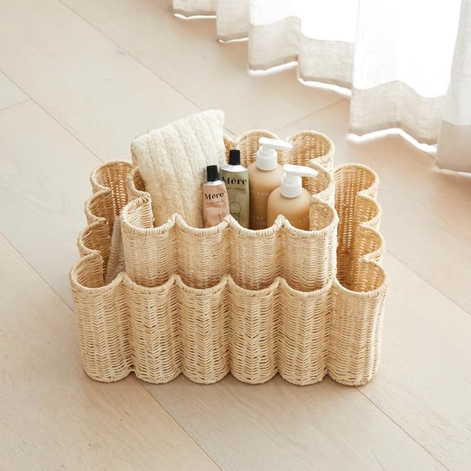 BEBE BASK Unique Wavy Scalloped Basket Set Of 2 - Scallop Basket - 16 x 10 x 7 In - Hand-Woven Elegant Wicker With Scalloped Edge Lid - Nursery Storage - (Earthy)