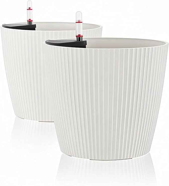 Dexceder 11x10 Self Watering Planters Indoor, Inner Mat Design, Table Flower Plant Pot with Water Level Indicator (2 Pack, White)