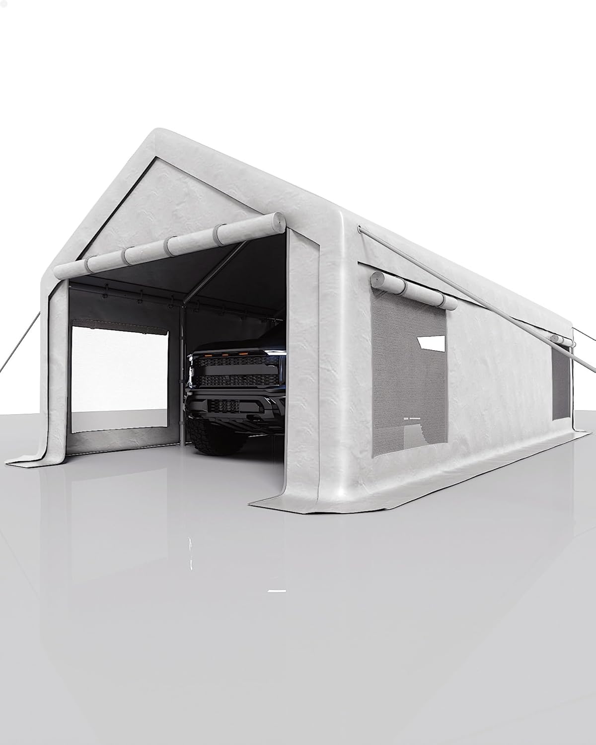 13x25 Ft Carport with 10 Sandbags, Car Port with 220g PE Tarp, 2 Roll-Up Doors, and 4 Windows, for Full-Size Pickups, Bass Boats, Tractors, and SUVs, White