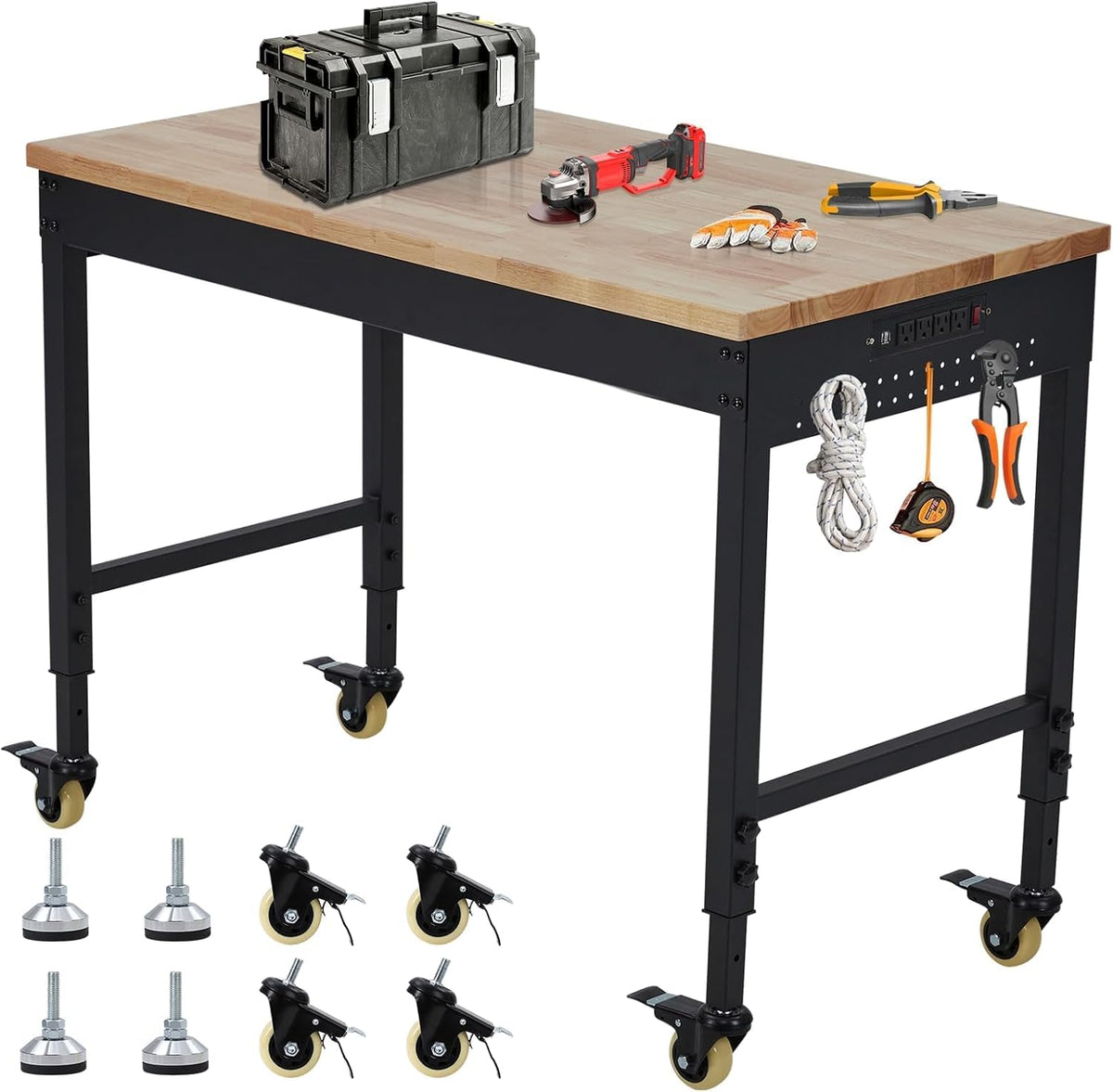 72'' Adjustable Workbench, Heavy Duty Workbench with Power Outlet and Lockable Wheels, 2000 LBS Capacity, Work Table Suitable for Office, Garage, Workshop