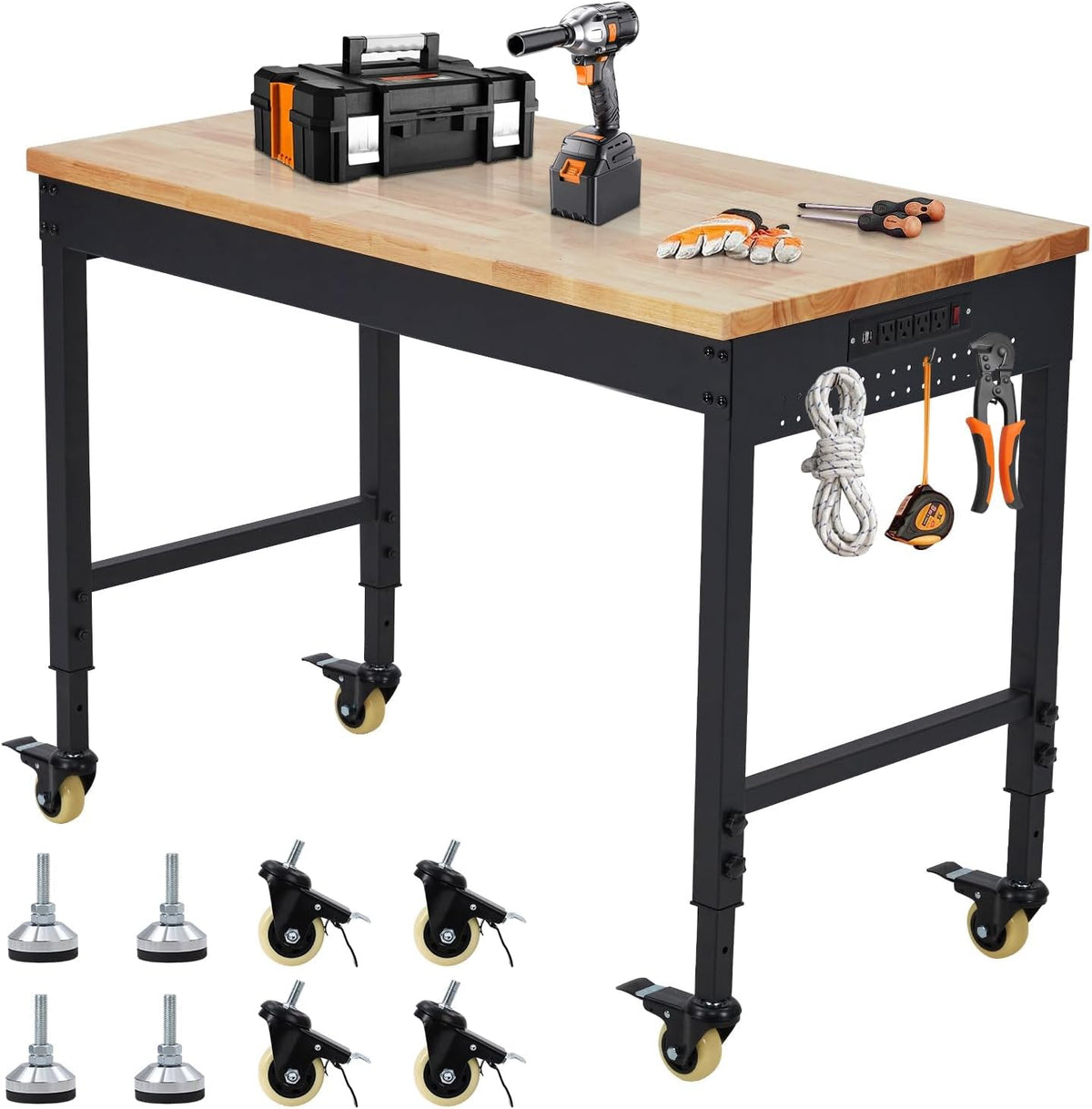 60'' Adjustable Workbench, Heavy Duty Workbench with Power Outlet and Lockable Wheels, 2000 LBS Capacity, Work Table Suitable for Office, Garage, Workshop
