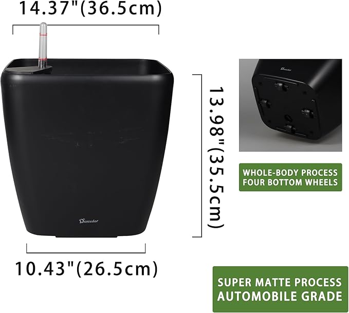 Dexceder 15x14 Self Watering Planter with Wheels Indoor Outdoor, Inner Mat Design, Thickened Large Floor Standing Flower Plant Pot with Water Level Indicator (Black Matte)