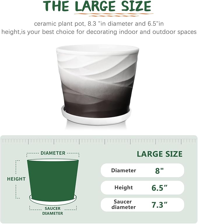 8 Inch Indoor Plant Pot with Drainage Holes and Saucers, Ceramic Planter for Plants, Succulent Orchid Flower Pots(Dark Gray+White)
