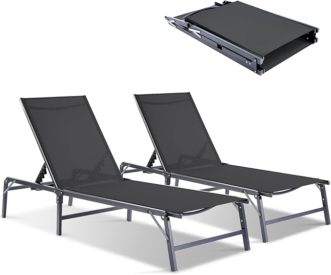 Outdoor Chaise Lounge Chair Set of 2, Foldable & Assemble-Free, 6 Adjustable Positions, Durable Rust-Resistant Frame, Portable Outdoor Pool Lounge Chairs for Pool Patio Beach, Black