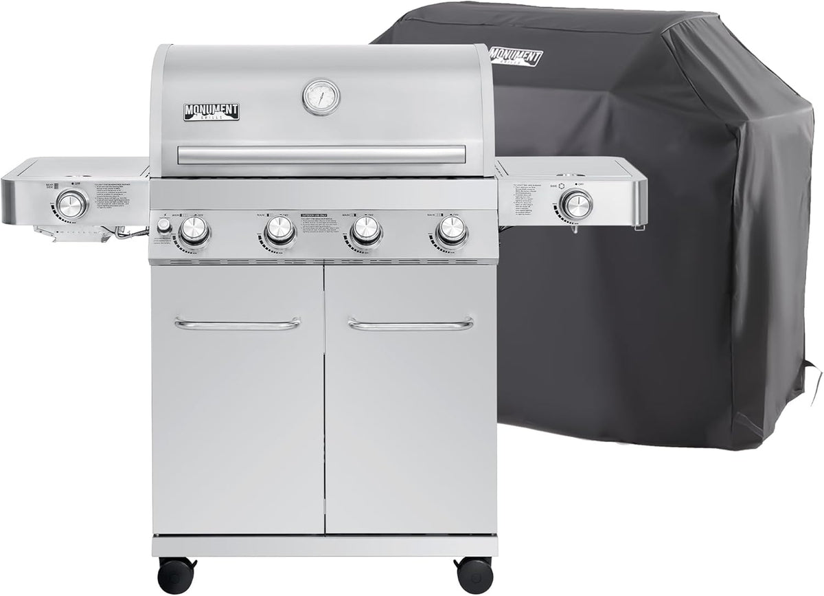 Monument Grills Larger 4-Burner Propane Gas Grills Stainless Steel with BBQ Cover(2 Items), Outdoor Use