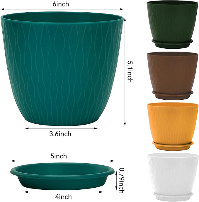 Plant Pots – 6 Inch Planters with Drainage Holes and Saucers, Flower Pots for Indoor and Outdoor Plants, Nursery Planting Pots (Pack of 5, Multicolor)