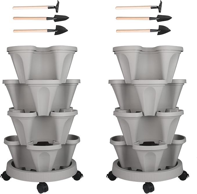 Vertical Planter 4 Tier Stackable Planters Garden Planters Strawberry Herb Flower and Vegetable Planter Indoor Outdoor Gardening Pots with Removable Wheels and Tools 2-Pack