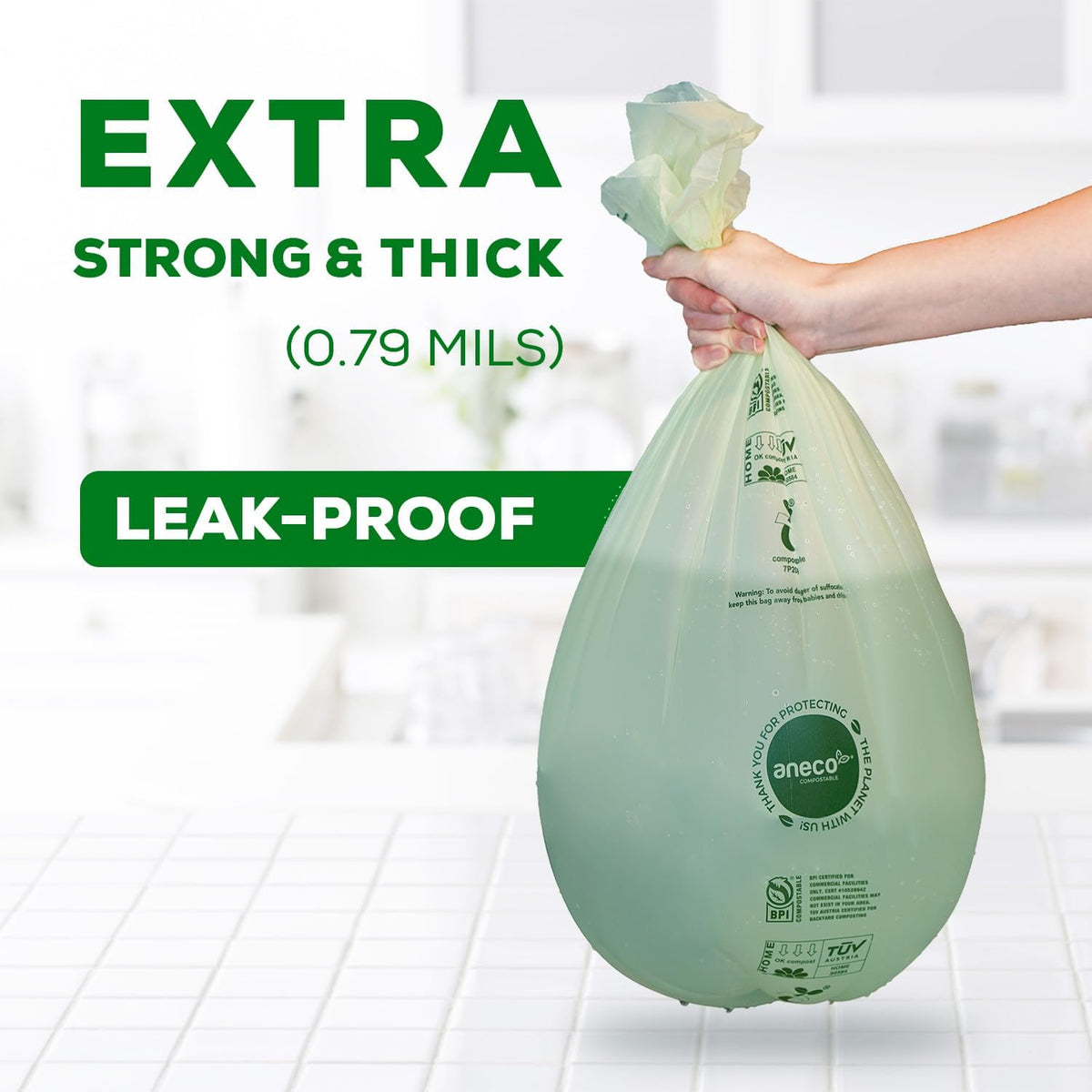 ANECO Compostable Trash Bags 4 Gallon (Flat-Top, 100 Count), Extra Strong for Medium Kitchen Garbage, OK Compost HOME & BPI Certified Compostable