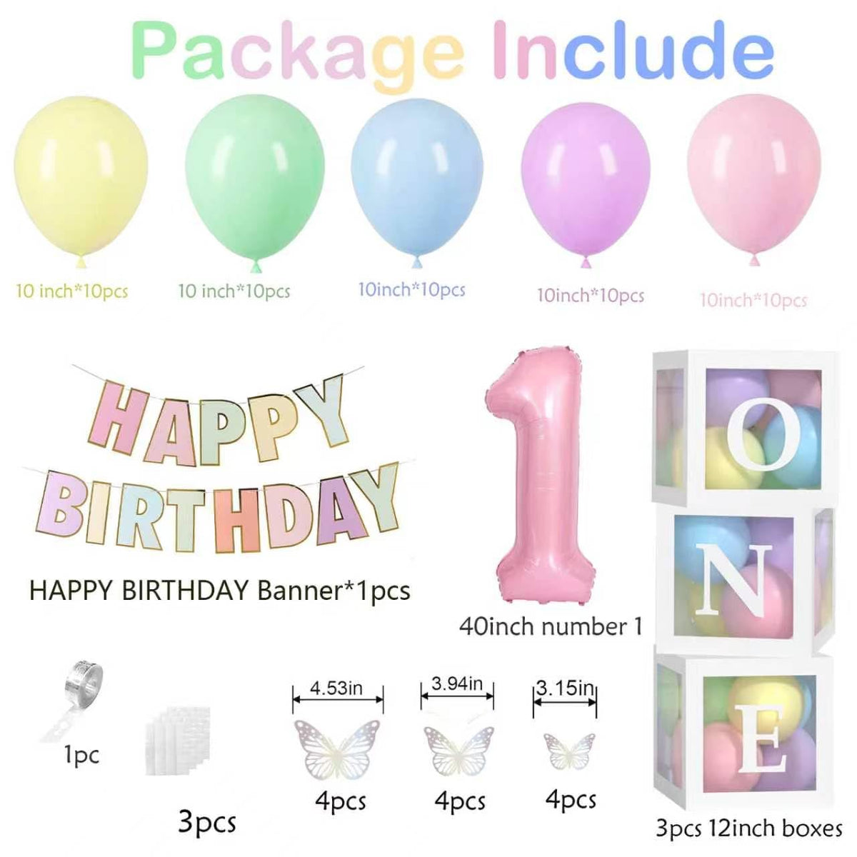 Yumiche First Birthday Decorations For Girl-40 Inch Pink 1 Number,Pastel HAPPY BIRTHDAY Banner, Pastel Balloons And One Balloon Boxes for one year old